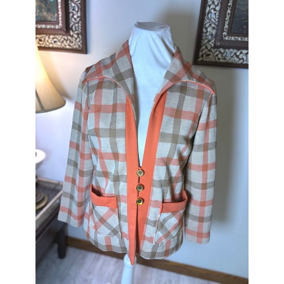 Vintage 60s Plaid Blazer Jacket Orange Tan Gold Buttons Pockets Retro Style M/L - Picture 4 of 10